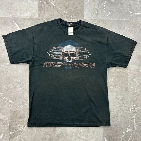 Vintage Harley Davidson Graphic Tee Mens Large Chrome Skull Ohio Black Shirt - Picture 1 of 11